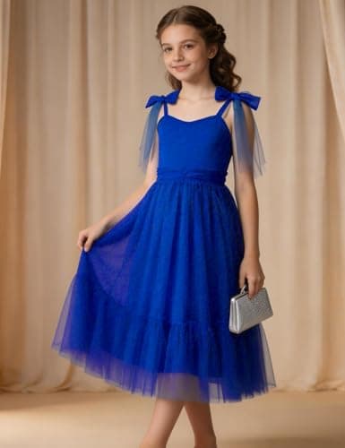 Arshiner Girls Dresses Summer Sleeveless Bow-Tie Straps Birthday Party Long Tulle Dress Royal Blue Tween 10-11 Years — view 4