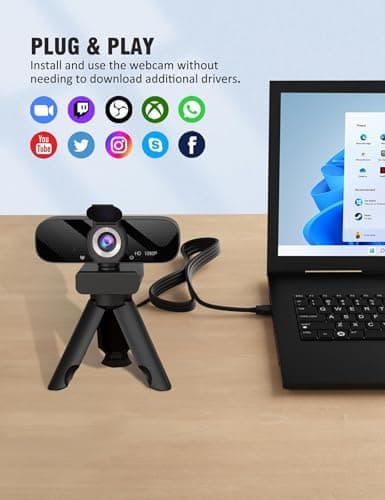 Tewiky Full HD Webcam with Built-in Microphone and Rotatable Tripod, 1080P Video and Wide Angle Camera, Privacy Cover, for Desktop PC or Laptop Computer — view 4