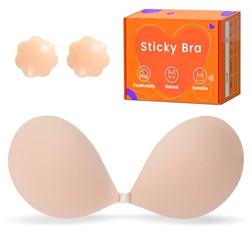 GKHWON Adhesive Bra Strapless Backless Invisible Push Up Sticky Bra with Silicone Nipple Covers Reusable Beige B