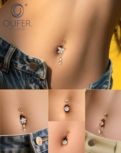 OUFER Gold Belly Button Ring – 5PCS Surgical Steel Belly Rings for Women, 14G Dangle Navel Piercing Jewelry Piercing Nombril with CZ Butterfly Flower Teardrop Barbell for Beach Festival — view 6