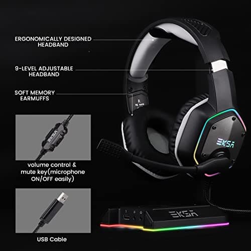 EKSA E1000 USB Gaming Headset for PC, Computer Headphones with Microphone/Mic Noise Cancelling, 7.1 Surround Sound, RGB Light - Wired Headphones for PS4, PS5 Console, Laptop, Call Center — view 7