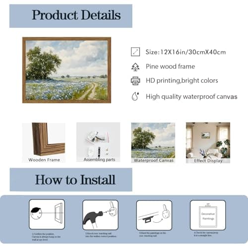 Framed Vintage Canvas Wall Art, Country Landscape Wildflower Field Wall Decor Paintings, Rustic Nature Pictures Prints Home Decor for Living Room Bedroom Bathroom Farmhouse 12x16 inch — view 5