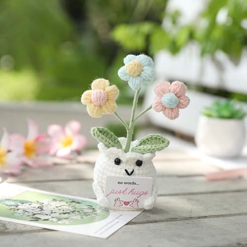 YOOJEE Crochet Sympathy Gifts for Loss of Loved One – No Words, Just Hugs Crochet Puff Flower Plant– Bereavement, Memorial, Get Well Soon, Grief Gift Idea for Loss of Grandpa Grandma Mom Dad