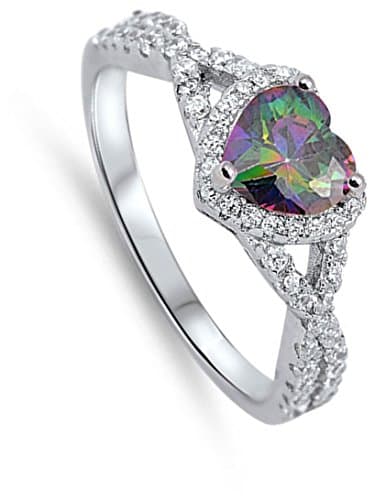 Traditional Rainbow Simulated Topaz Heart Halo Promise Sterling Silver Ring Size 8