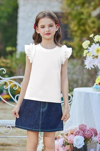 Arshiner White T Shirts for Kids Fashion Summer Tops Mesh Ruffle Flying Short Sleeve Casual Girls Tops Plain Tee 5-6 Years — view 2