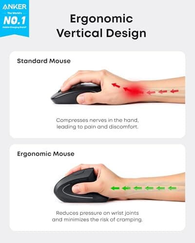 Anker 2.4G Wireless Vertical Ergonomic Optical Mouse for Work, Multi-Device Connectivity, 800/1200 /1600 DPI, 5 Buttons for Laptop, Desktop, PC - Black