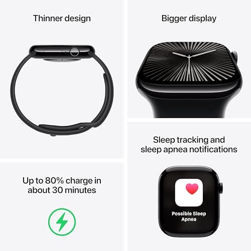 Apple Watch Series 10 [GPS 46mm case] Smartwatch with Jet Black Aluminum Case with Black Sport Band - M/L. Fitness Tracker, ECG App, Always-On Retina Display, Water Resistant — view 3