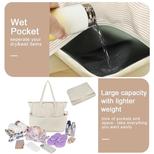Waterproof Beach Tote Pool Bags for Women Ladies Extra Large Gym Tote Carry On Bag With Wet Compartment for Weekender Travel, S Khaki Stripes, X-Large, E2032 — view 5