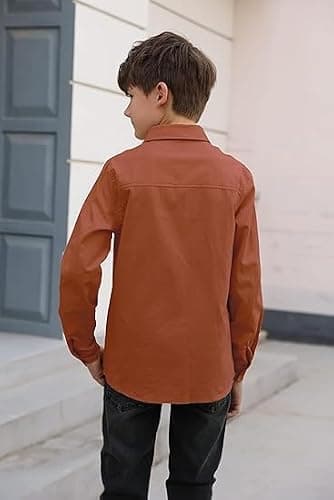 Haloumoning Boys' Long Sleeve Dress Shirts Classic Collared Button-Down Tshirt Solid Cotton Top with Chest Pocket, Brown, 6-7 Years — view 2