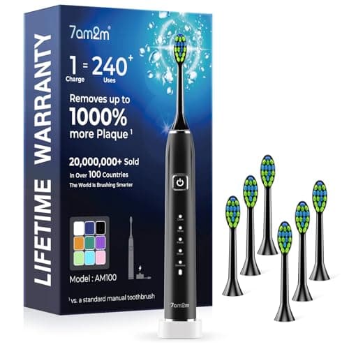 7AM2M Sonic Electric Toothbrush with 6 Brush Heads for Adults&Kids, One Charge for 120 Days, Wireless Fast Charge, 5 Modes, 40000VPM Powered Toothbrush, 2 Minutes Built in Smart Timer (Black)