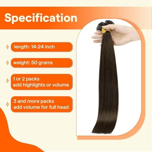 Full Shine K Tip Human Hair Extensions, 2 Darkest Brown Brunette, 16 Inch, 50G, Keratin Fusion Prebonded Tip, Soft Lob, Subtle Waves, Campus Formal, Office Party, Polished Everyday, Seamless Brunette — view 3