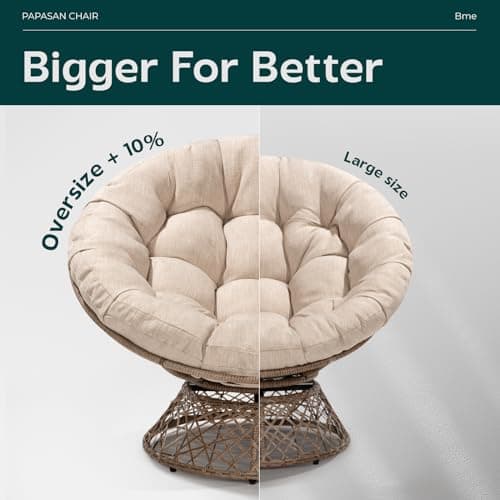 Bme Metal Oversized Swivel Papasan Chair, Living Room Chair with Beige Cushion, Brown Frame, 360° Swivel, Skillfully Woven Resin Wicker, 46 Inch Wide, Bee-Designed Base, Modern Style, Indoor Use — view 4