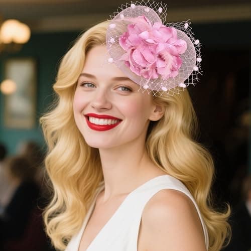 Haakong 20s Fascinators Hat for Women Tea Party Headpiece Mesh Feathers Hair Clip for Bridal Wedding (Pink) — view 5