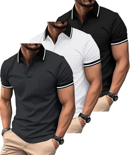 ZITY 3 Pack Men Polo Shirts Short Sleeve with Pocket Sport Wicking Shirts for Men Casual Athletic Collared T-Shirts Black White Grey