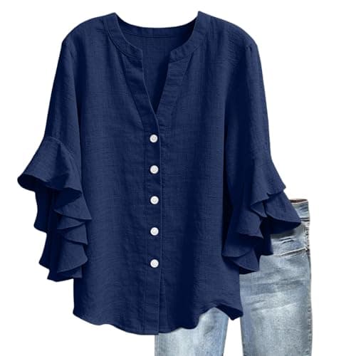3/4 Ruffle Sleeve Cotton Linen Shirts for Women Dressy V Neck Beach Tunic Tops Elegant Summer Casual Work Blouses Navy