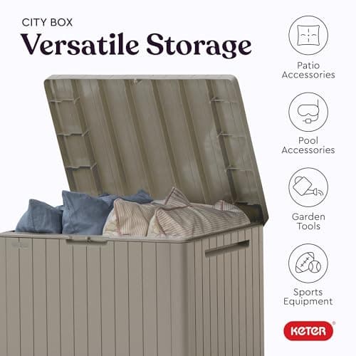Keter City 30 Gallon Resin Outdoor Storage Box and Patio Furniture Side Table for Pool and Garden Accessories, Beige — view 4