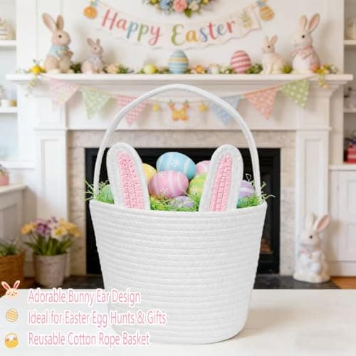 BEIYANA Easter Basket for Kids, Cute Bunny Easter Basket with Removable Ears & Writable Name Tag, Personalized Cotton Rope Woven Empty Easter Basket, First Easter Gift for Toddlers Boys Girls (Pink) — view 4