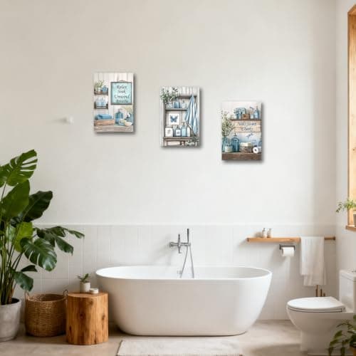 CXHOSTENT 3Pcs Blue Bathroom Wall Art Decor Rustic Bathroom Picture Quotes Sign Canvas Prints Farmhouse Toilet Paintings for Washroom Decor Framed (Blue, 11x14inchx3 Pieces) — view 4
