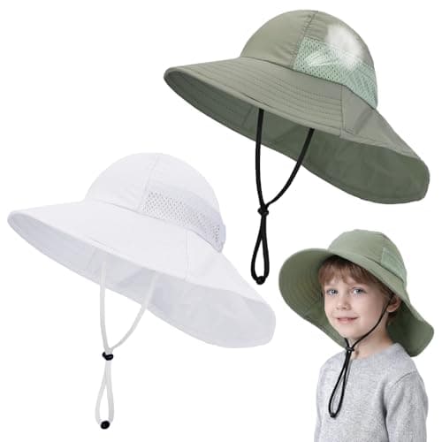 scenicamp 2 Pack Kids Sun Hat with Neck Flap, UV Protection 50+ Wide Brim Summer Beach Hat for Toddler Boys Girls, Outdoor Play Swimming Gardening and Hiking(White,Green)