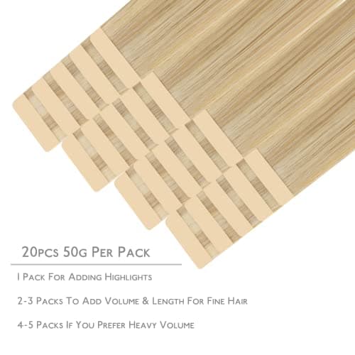 WENNALIFE Tape in Hair Extensions for Women, 20pcs 50g 16 inch Light Blonde Highlighted Golden Blonde Tape in Hair Extensions Human Hair Rallonge Cheveux Humain Straight Invisible Hair Extensions Real Human Hair