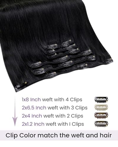LaaVoo Black Clip in Hair Extensions Black Hair Extensions Clip in Jet Black Human Hair Clip ins Extension Silky Straight Full Head 18 Inch 7pcs 105g — view 2