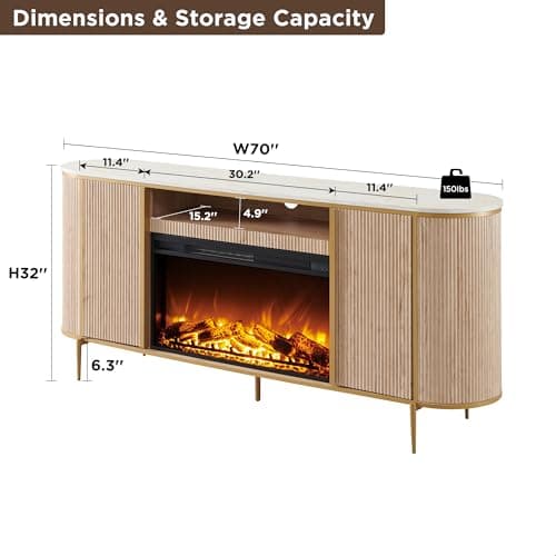 OKD Luxury 70" Fluted Fireplace TV Stand, Modern Chic Entertainment Center for TVs Up to 80 inches, TV Console with Faux Marble Top, Curved Profile Design, Media Console for Living Room, Natural Oak — view 5
