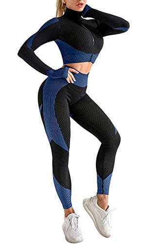OLCHEE Women’s 3 Piece Workout Outfit Set Sports Bra Jacket and Leggings Blue L