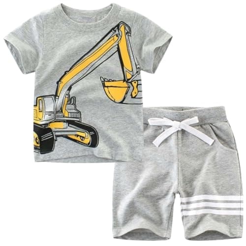 Toddler Boy Summer Outfits Clothes, Kids Boys Short Sleeve Cotton T-Shirt and Shorts Clothing Sets 2-7T (2-3T, Grey Excavator)
