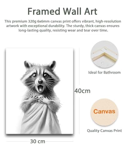 HesenDot 30x40cm Raccoon Wrapped in Towel Funny Framed Bathroom Wall Art