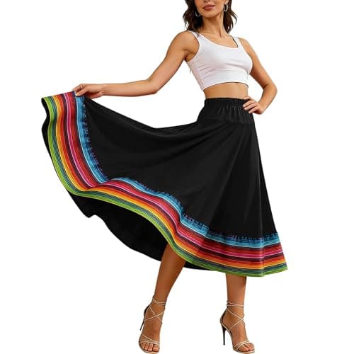 Women Long Full Circle Folklorico Dance Skirts Spanish Bull Folkloric Mexican Flamenco Performance Costume Clothes Black-XXXXL