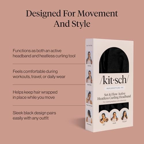 Kitsch Set & Flow Active Heatless Curling Headband For Women – Achieves Heatless Curls Overnight, No Heat Damage | Heatless Curlers with Flexible Fit | Great During Gym Sessions, Travel - Black, 1pc — view 3