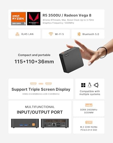 C5 Mini PC 11 Pro, Ryzen 5 3500U, 8GB DDR4 256GB NVMe SSD, Triple 4K Display Mini Computer, Dual HDMI & Full Function USB-C, Small Desktop PC with WiFi, Bluetooth, Gigabit Ethernet for Home Office