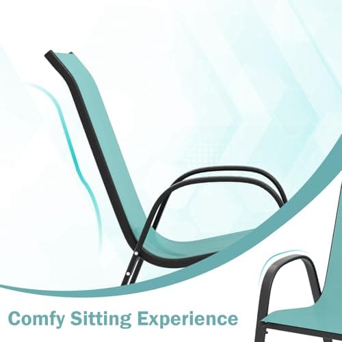 COSTWAY Patio Dining Chairs Set of 4, Stackable Outdoor Chairs with Armrest and High Back, Breathable Fabric & Metal Frame Chair for Garden Poolside Backyard Deck (Turquoise) — view 5