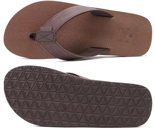 KuaiLu Men's Leather Flip Flops Arch Support Summer Beach Pool Water Thong Sandals Waterproof Rubber Walking Shoes Slip on Orthotic Casual Sport Cushioned Wide Slides Shower Slippers Coffee Size 10 — view 8