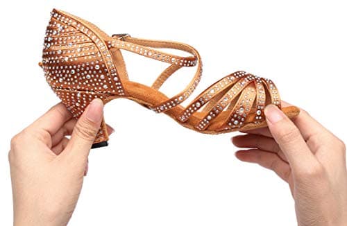 Minishion Women's Rhinestone Dance Shoes Ankle Strap Latin Salsa Dancing Heels, L377 Bronze 6cm Heel, 5 — view 3