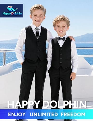Happy Dolphin Boy Suit Slim Fit 5 Pieces Kids Suit Boy Wedding Suit Communion Ring Bearer Suit for Boys Size 14 Tuxedos Outfit Boys' Black Suit Set Dress Clothes Teen Youth Adjustable Waist — view 3