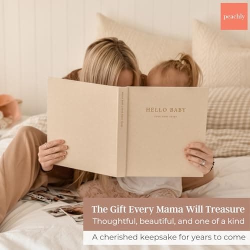 Peachly Unisex Memory Book | Minimalist First Year Keepsake for Milestones | Books First Year Memory Book | Simple Scrapbook for Boy Girl Milestones | Natural Linen - Olive — view 4