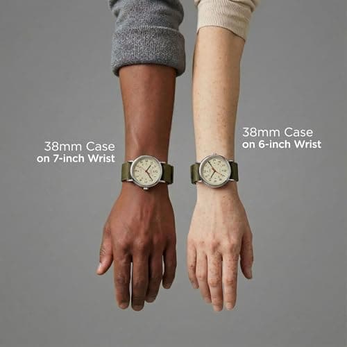 Timex Unisex Weekender 38mm Watch – Silver-Tone Case Cream Dial with Olive Fabric Slip-Thru Strap — view 5