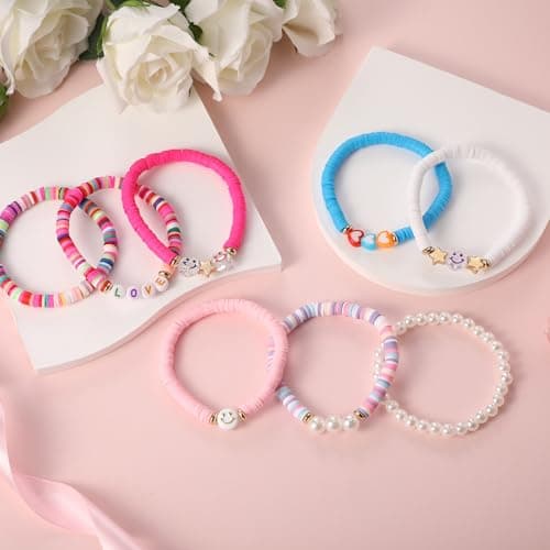 YALASOBA Colorful Smile Heart Star Bracelets Set - Y2K Kidcore Aesthetic - Polymer Clay Pearl Beaded Charm Stackable Jewelry for Women, Girls, Teens(Multi Color) — view 3