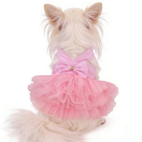 SIMCAPY XXS Dog Clothes Girl, Female Dog Dresses for Small Dogs Girl, Pink Dog Tutu Dress, Sweet Puppy Princes Skirt with Dog Bowknot Clips, Spring Summer Pet Apparel for Toy Poodle Chihuahua Yorkie — view 2