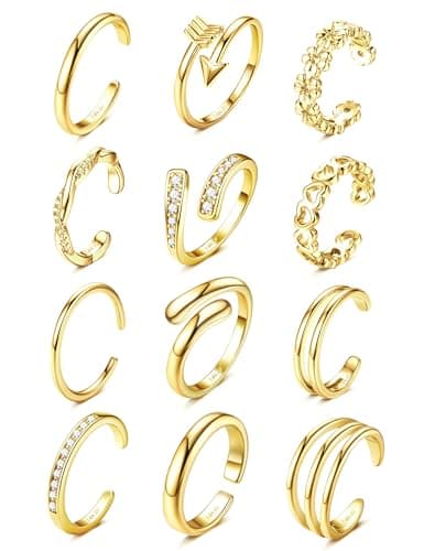 FIASASO 12Pcs Toe Rings for Women - 14K Gold Filled Toe Ring Non Tarnish Adjustable Simple Hug CZ Thin Band Toe Rings Summer Beach Foot Jewelry for Women