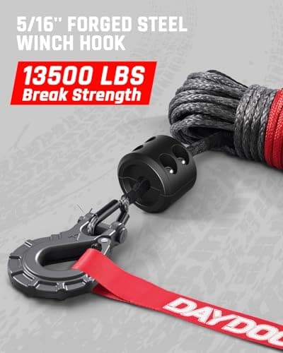 DAYDOOR Synthetic Winch Rope, 1/4 Inch x 50ft 10,000LBS Synthetic Winch Line, Synthetic Winch Cable for Offroad Vehicle 4WD ATV UTV, Synthetic Rope with Forged Winch Hook and Rubber Stopper (Gray) — view 5