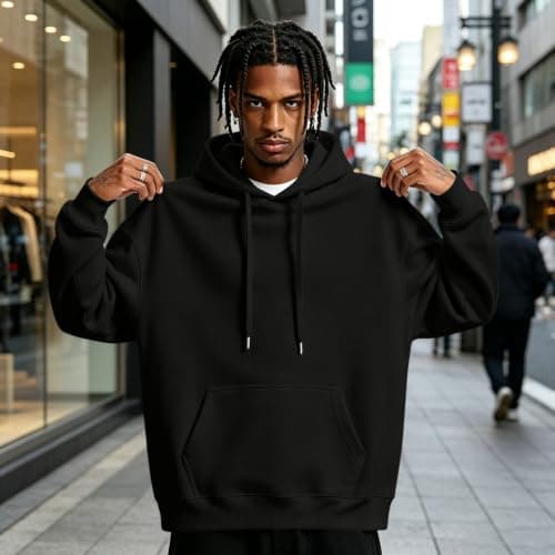 THMENKHT Fleece Hoodie Men Oversized Fall Sweatshirt Winter Cozy Tall Hooded Collar Drawstring Pullover With Pockets Black L
