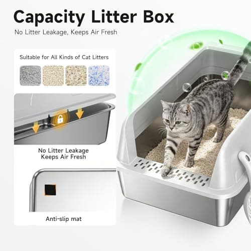 OneBug Stainless Steel XL Cat Litter Box for Cats, High-Sided Design Prevents Urine Leakage, Non-Stick, Easy to Clean, Includes Scoop, Gray — view 2
