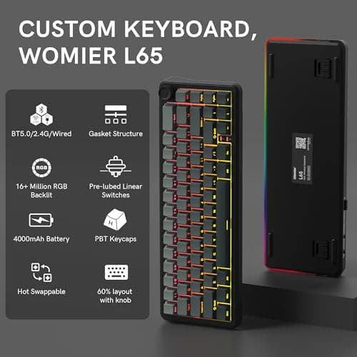 womier L65 60% Mechanical Keyboard Wireless with Knob, Black Gaming Keyboard 4000mAh Battery, Tri Mode USB-C/BT5.0/2.4G Gasket Mounted Key Board RGB Hot Swappable with Gradient keycaps-Linear Switch — view 2