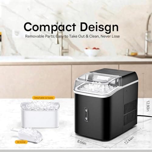 KMFurnila Nugget Ice Maker Countertop, Portable Ice Makers Machine with Removable Basket and Scoop, Self-Cleaning, Quiet, 6-Min Ready, 24lbs in 24Hrs, Visible, for Home, Party, RV, Camping, Black — view 3