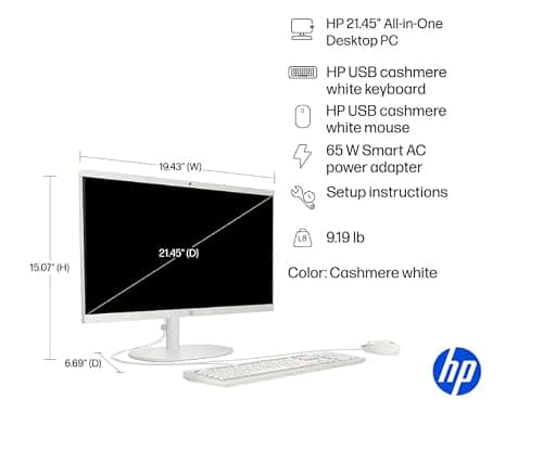 HP 22" All-in-One Desktop Computer, 8GB DDR5 RAM, 128GB UFS Storage,13th Gen Intel Quad-Core CPU, FHD VA Display, WiFi 6, Bluetooth 5.3, RJ45, USB-C (10Gbps), UHD Graphics, 720p Cam, Cashmere White — view 5