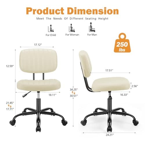 Sweetcrispy Small Office Desk Chair, Armless PU Leather Chair with Comfy Lumbar Support, Height Adjustable Rolling Swivel Task Chair for Adult, Student, Home, Vanity, Beige — view 2