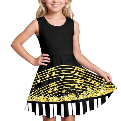 Girls' Sleeveless Music Dress Piano Keys and Notes Graphic Print Skater Dress Summer Party Dress