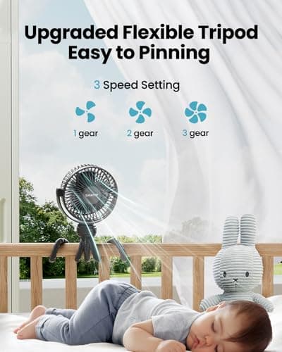 Gaiatop Mini Portable Stroller Fan, Battery Operated Small Clip on, Detachable 3 Speed Rechargeable, 360° Rotate Flexible Tripod Better Cooling for Car Seat Crib Treadmill Travel Black — view 2